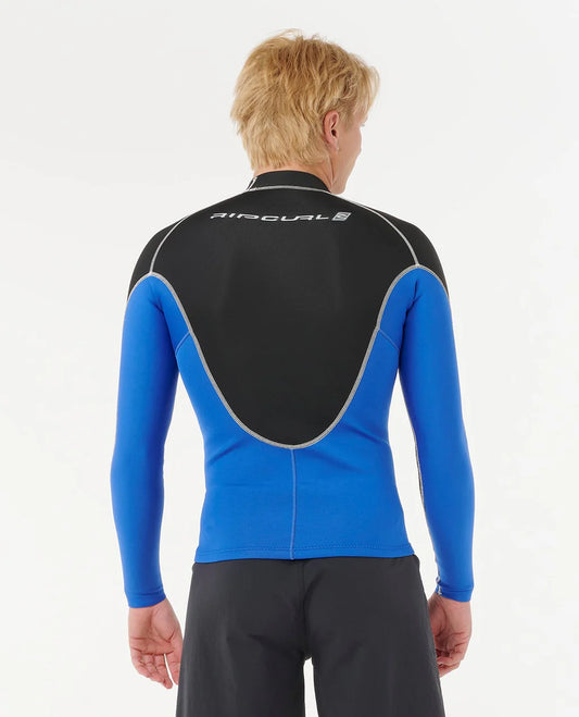 Person wearing a black and blue wetsuit with Aircurl branding on a white background SHED NINE