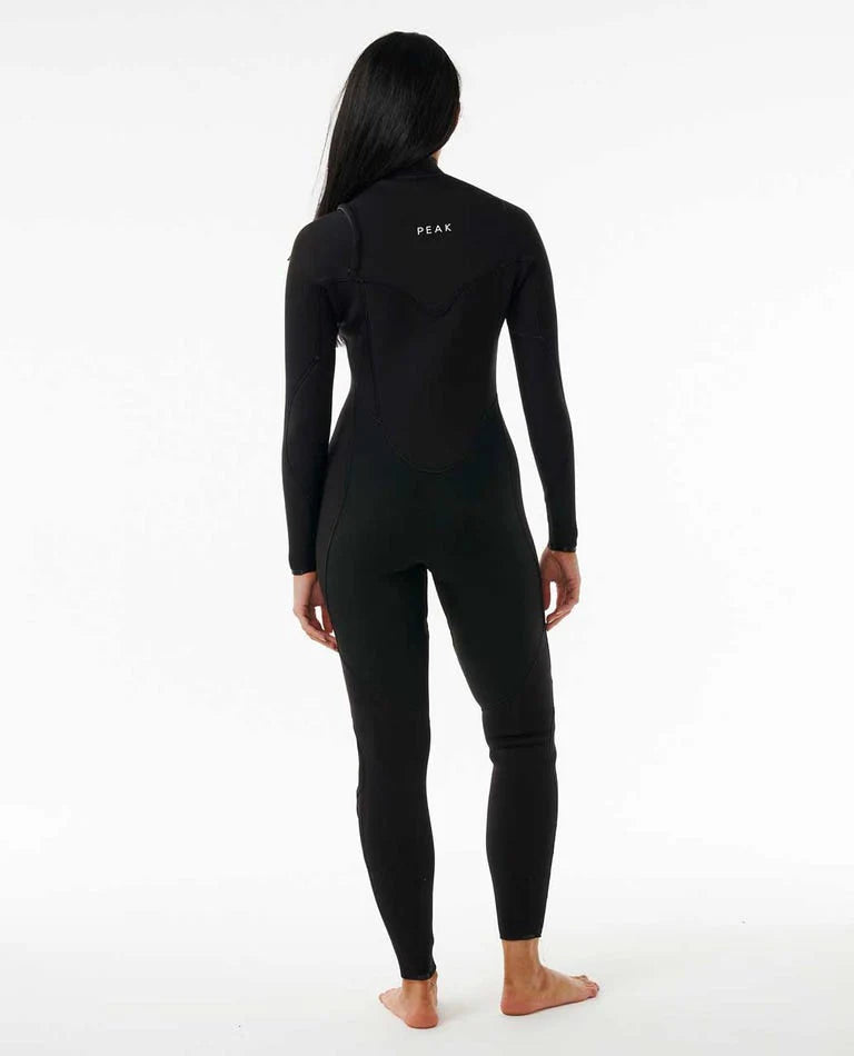 Person wearing a black wetsuit with 'Peak' branding on a white background shed nine