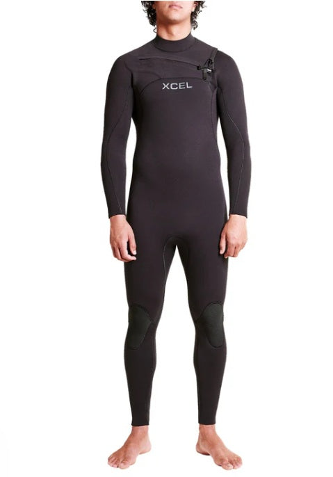 Person wearing a black XCEL wetsuit on a white background