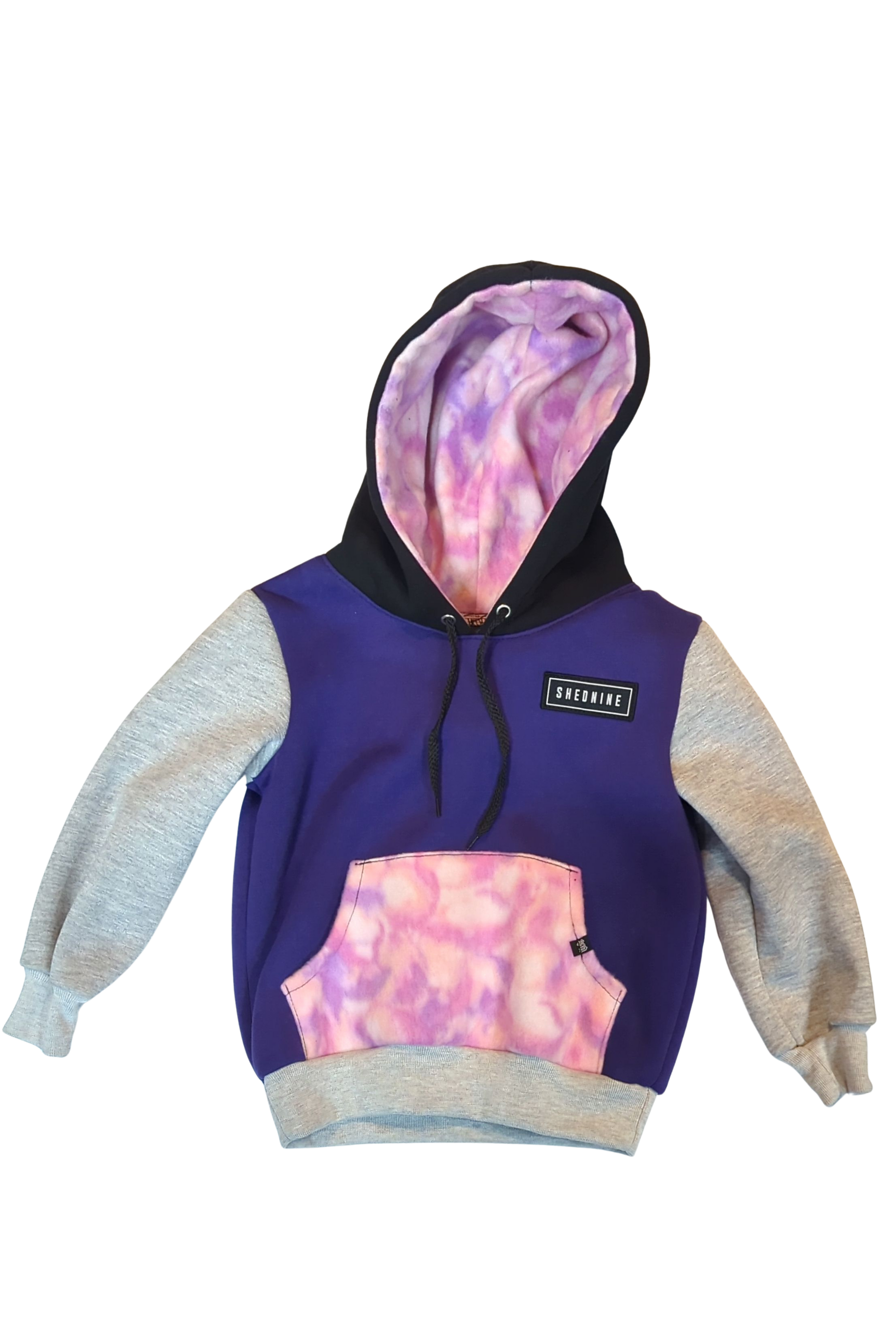 Purple hoodie with pink tie-dye accents on a white background