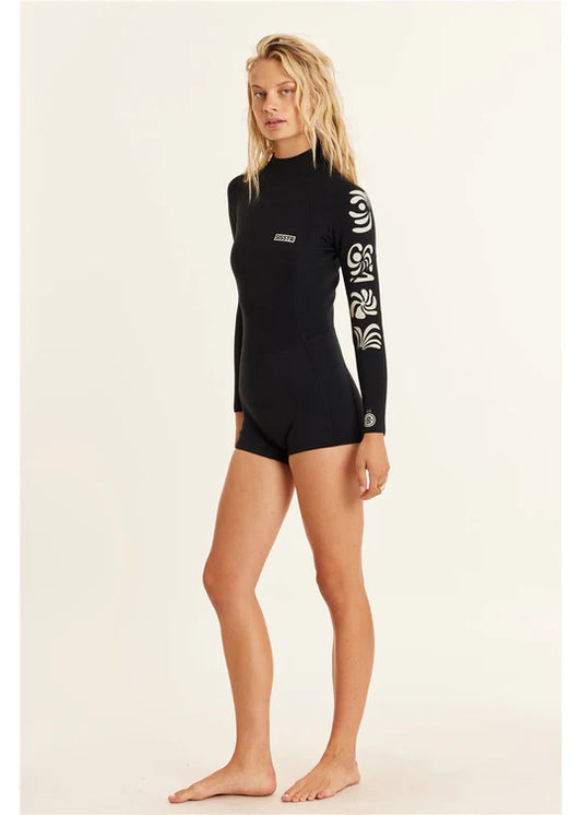 Person wearing a black wetsuit with white graphics on a beige background shed nine