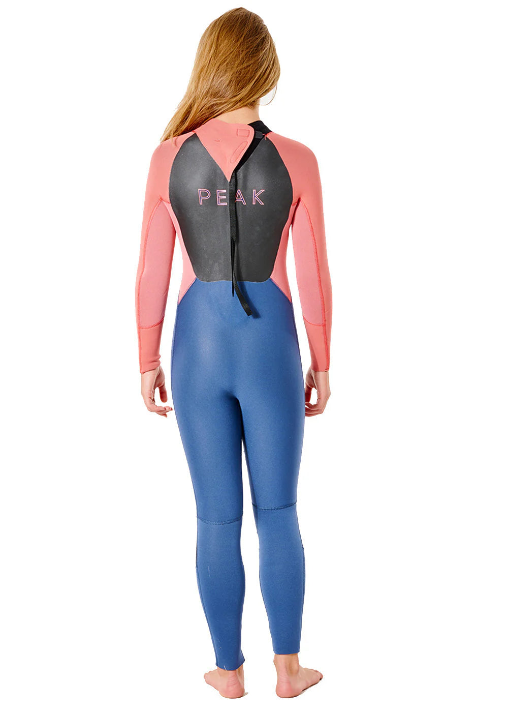 Person wearing a pink and blue wetsuit with 'PEAK' branding on a white background shed nine
