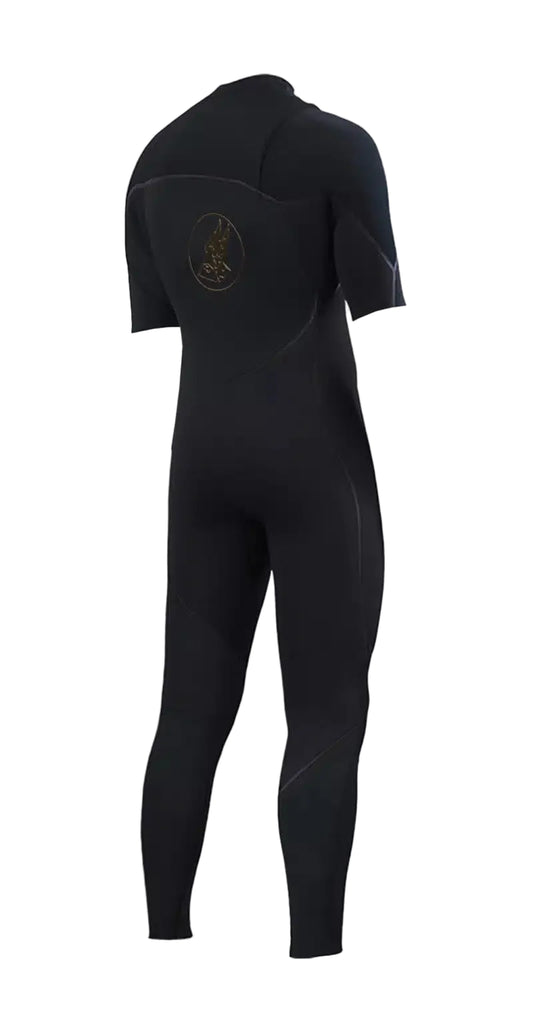 Black wetsuit with a logo on the chest against a white background SHED NINE