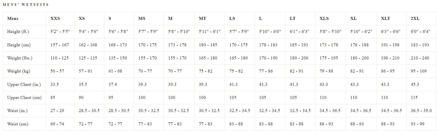 Measurement chart for men's clothing sizes with height, weight, and shoe length dimensions. SHED NINE