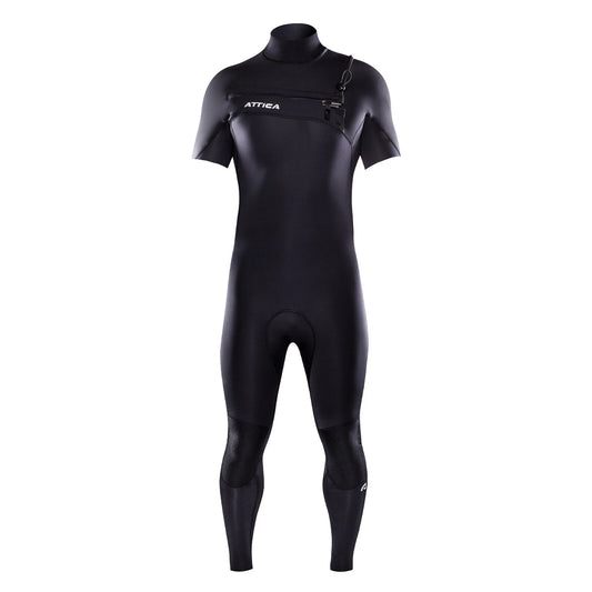 SHED NINE Black wetsuit with Attica branding on a white background