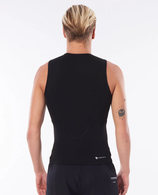 Person wearing a black sleeveless athletic top on a white background shed nine