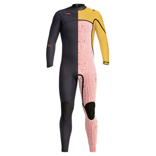 Wetsuit with black, yellow, and red pattern on a white background shed nine
