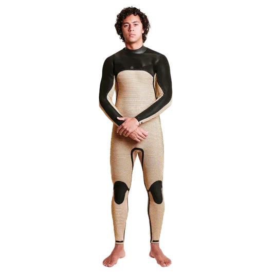 Person wearing a black and beige wetsuit on a gray background shed nine