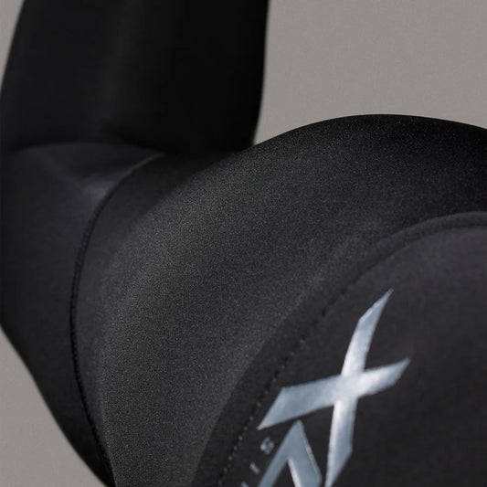Black arm sleeve with a brand logo on a gray background shed nine