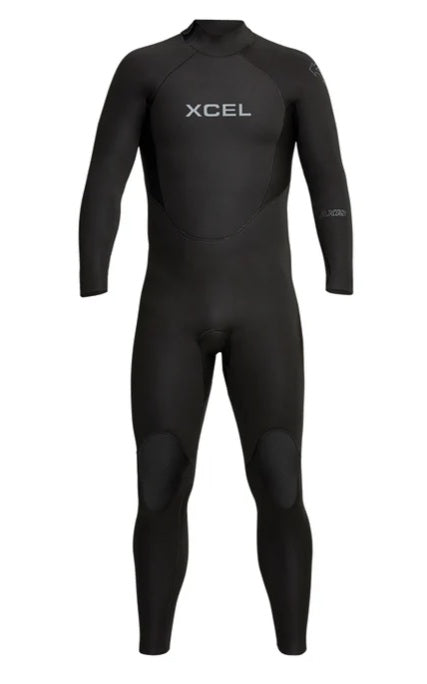 Black wetsuit with XCEL branding on a white background