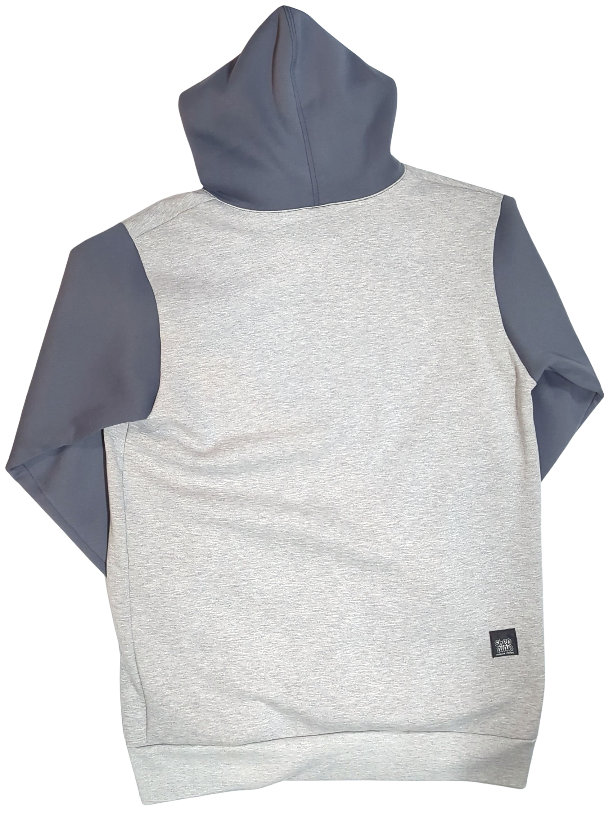 Gray and blue sleeveless hoodie with a brand label on a white background