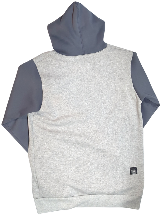 Gray and blue sleeveless hoodie with a brand label on a white background
