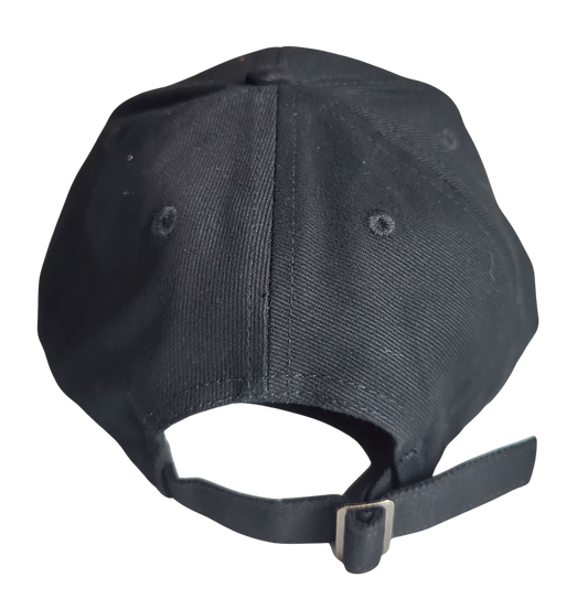 Black cap with a strap on a white background