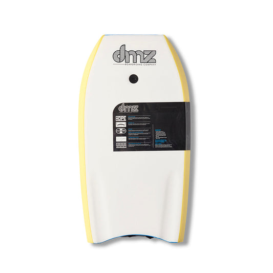 DMZ Slider Bodyboard, white underside with yellow rails and product label