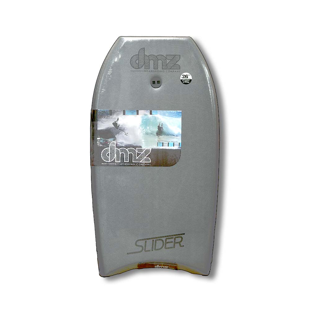 DMZ Slider Bodyboard, grey deck with Slider branding and fitted plug