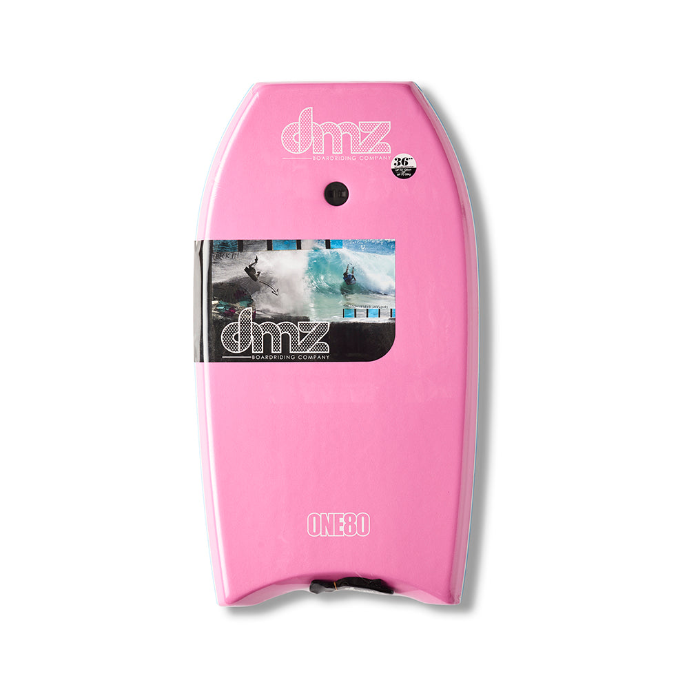 DMZ ONE80 Bodyboard, pink deck with DMZ branding and fitted plug