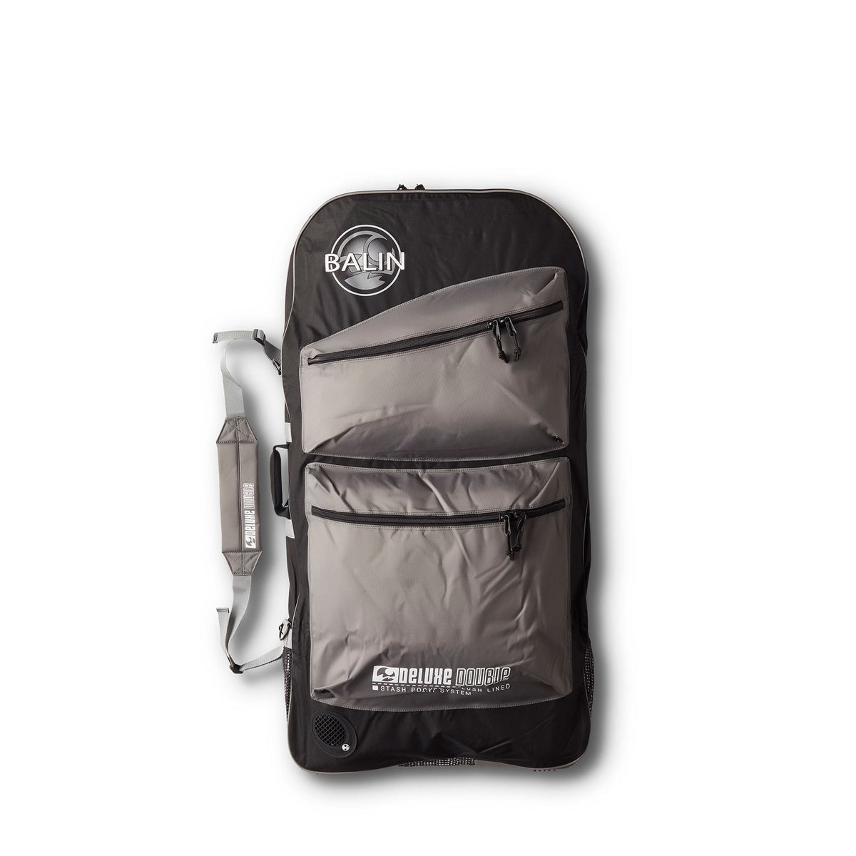 Balin Deluxe Double Bodyboard Bag, black and dark-grey front panel with two zip pockets and side carry strap