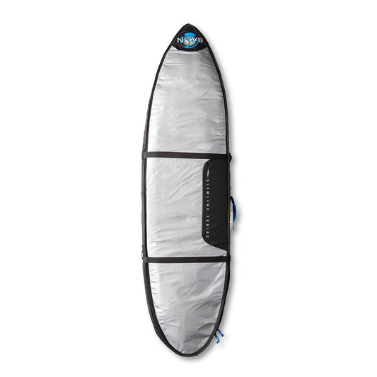 Balin Slimline Double Surfboard Cover, silver side with black straps and padded handle