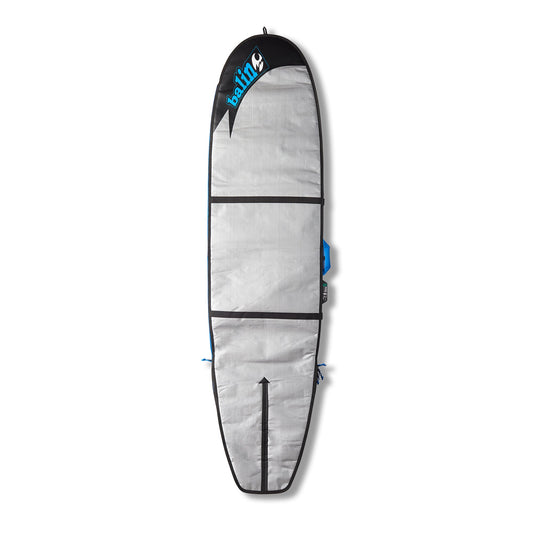 Balin UTE Longboard Cover, silver longboard cover side with black edging, blue accents and transverse straps