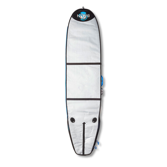 Balin Tour Longboard Cover, silver longboard cover side with black edging, transverse straps and two round vents