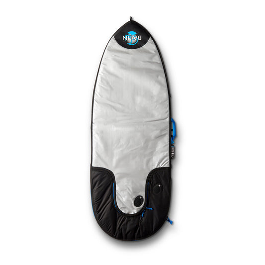 Balin Tour Kneeboard Cover 6'3", silver cover side with black tail panel, blue accents and two round vents