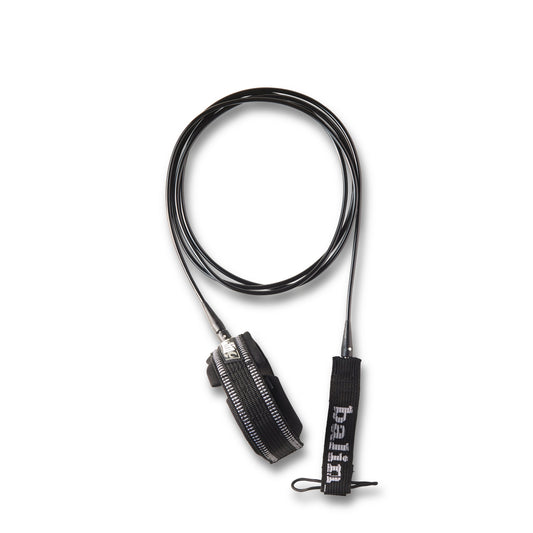 Balin Longboard Comp 5.5mm Leash 9ft, black leash arranged in a loop with cuff and board attachment visible