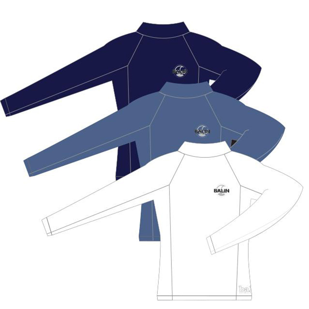Balin Adult Rash Shirt, illustration of long-sleeve rash shirts in navy, blue and white