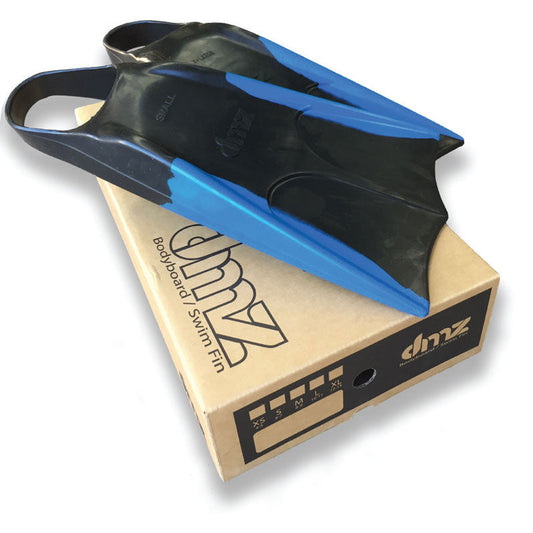 DMZ Pro Swim Fins, pair of black-and-blue swim fins resting on a DMZ branded box
