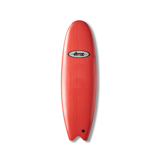 DMZ 5'8" Fishtail Softboard, red deck with split tail, oval DMZ logo and dark leash plug