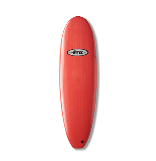 DMZ 6'6" Softboard, red deck with oval DMZ logo and dark leash plug
