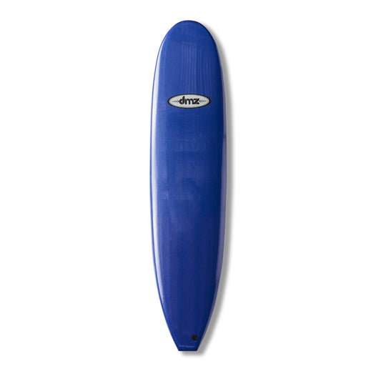DMZ 8'0" Softboard, dark blue deck with oval DMZ logo and dark leash plug