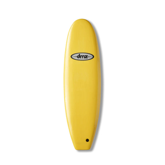 DMZ 6'0" Softboard, yellow deck with oval DMZ logo and dark leash plug