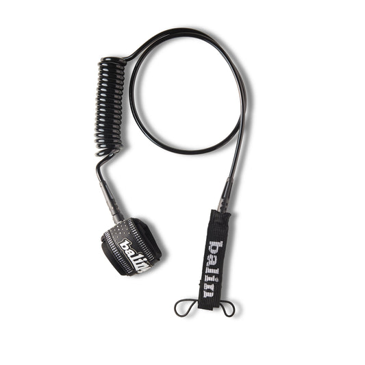 Balin Monster Coil 8.0mm SUP Leash, black partly coiled leash laid out with cuff and rail saver
