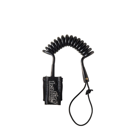 Balin Deluxe Wrist Coil 7.0mm Bodyboard Leash, black coiled leash laid out with wrist cuff and cord loop
