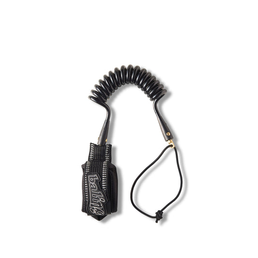 Balin Double Deluxe Wrist Coil 7.0mm Bodyboard Leash, black coiled leash laid out with extended cuff strap and cord loop