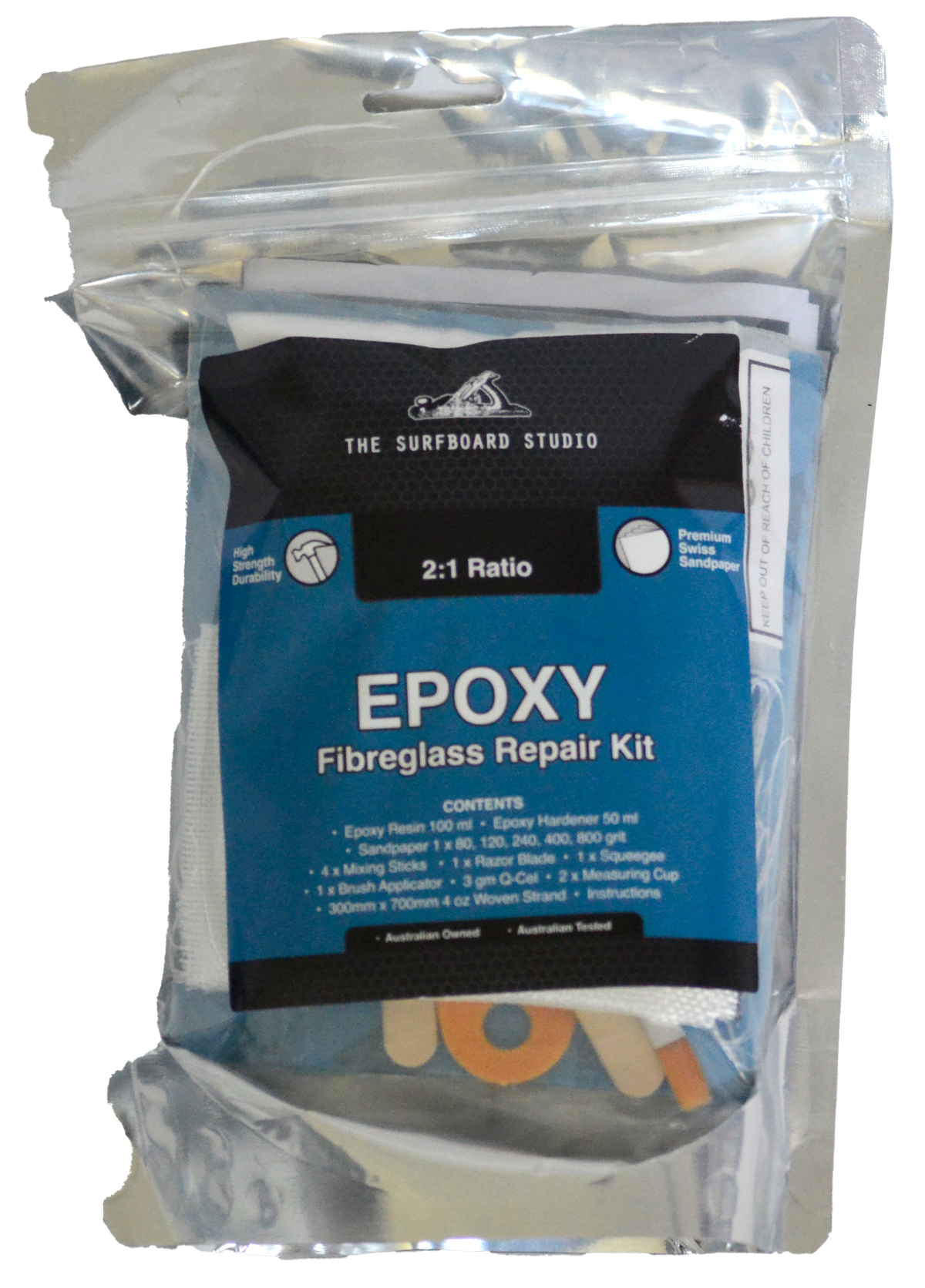 SurfBoardStudio Epoxy Fibreglass Repair Kit, front of packaged epoxy repair kit
