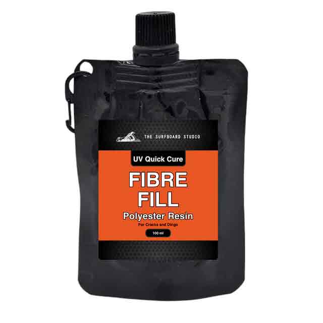 SurfBoardStudio UV Fibre Fill Polyester Resin 100ml, front of labelled polyester fibre-fill pouch