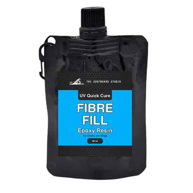 SurfBoardStudio UV Fibre Fill Epoxy Resin 50ml, front of labelled epoxy fibre-fill pouch