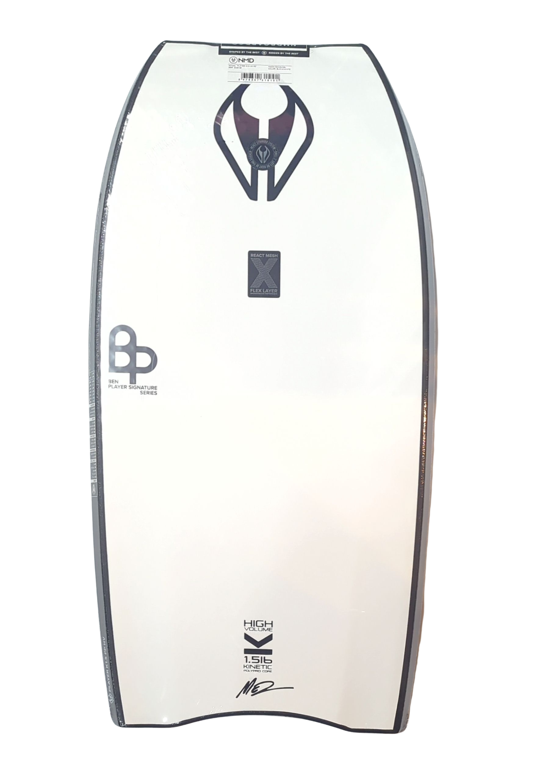 Bodyboard with branding and text on a white background