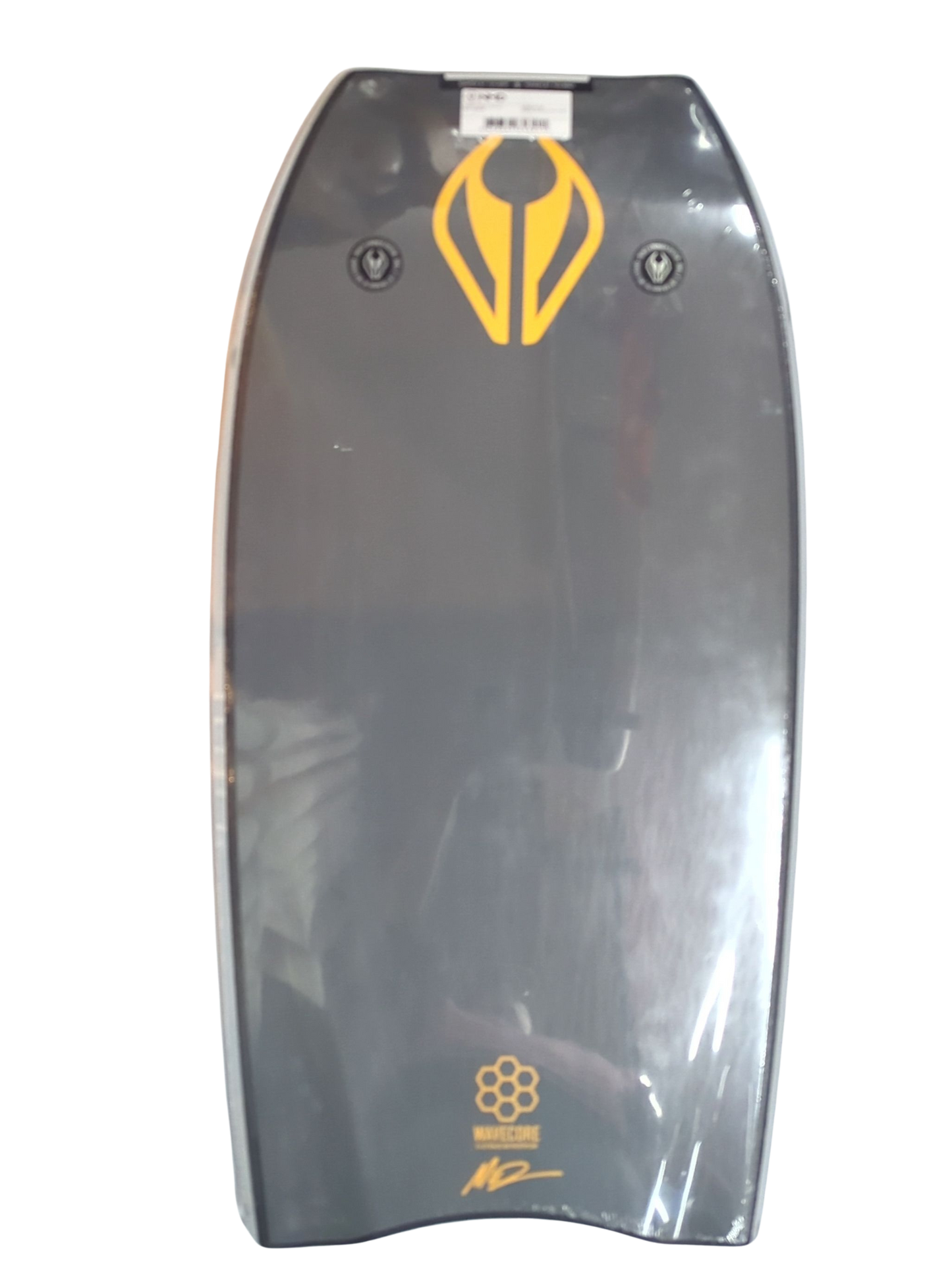 Bodyboard with a yellow logo on a clear background