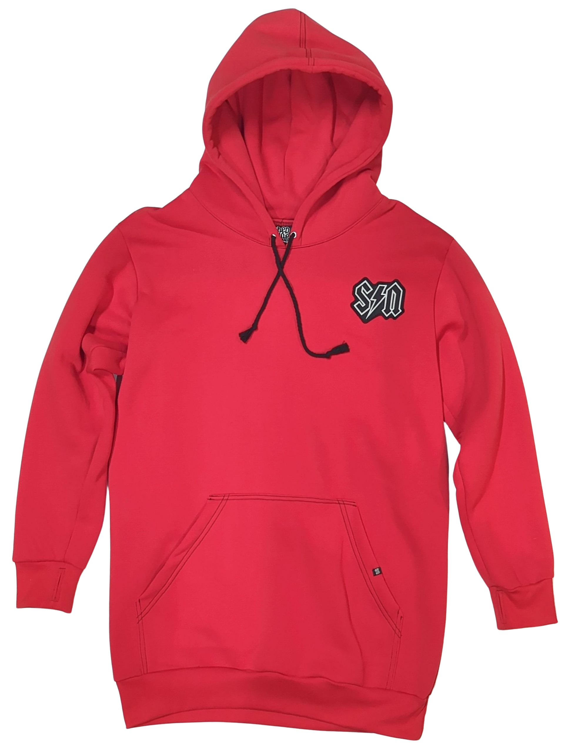 Red hoodie with a logo on the chest against a white background