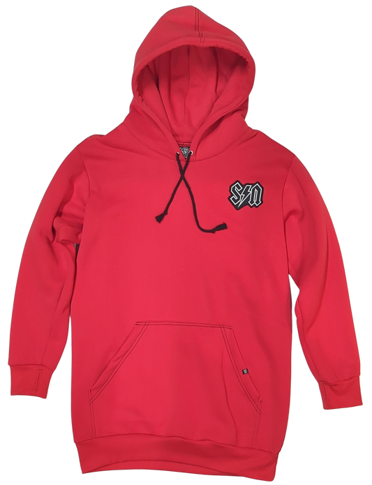 Red hoodie with a logo on the chest against a white background