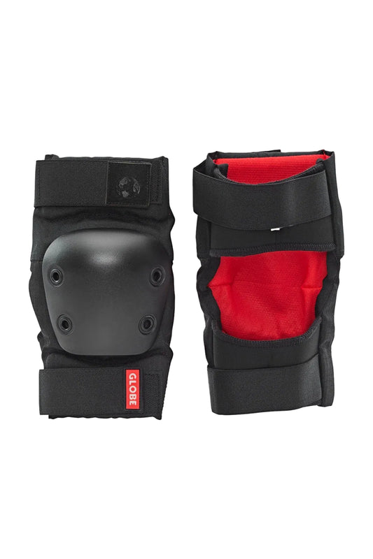 Knee pad view of Globe Goodstock Kids Pad Set in matte black shed nine