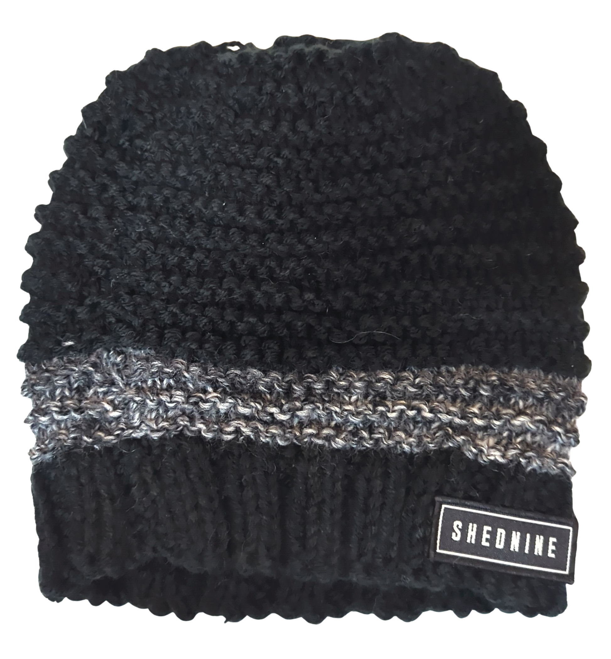 Black knit beanie with gray stripe and Shed Nine label on a white background