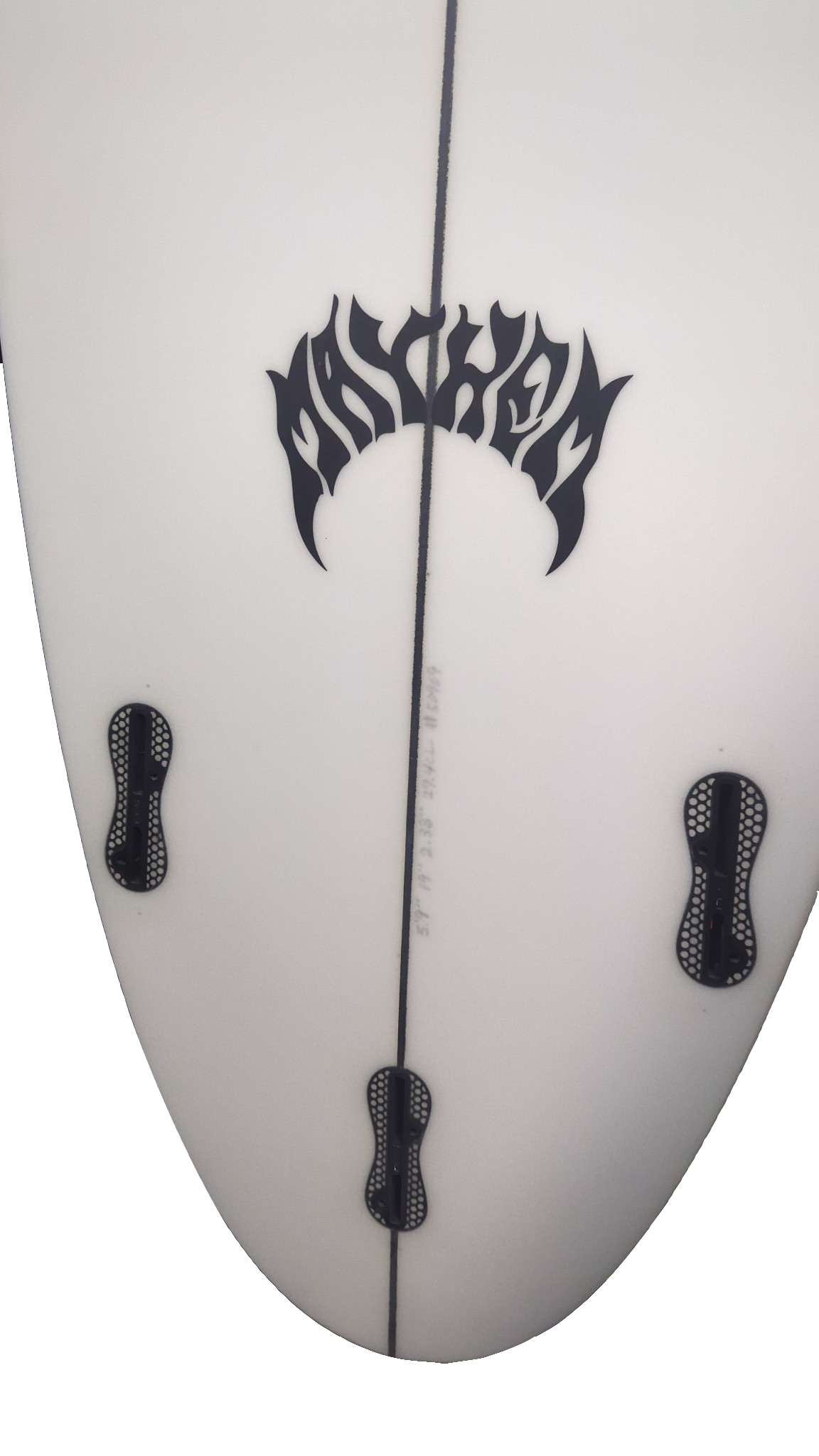 Lost Mayhem surfboard tail and three FCS II thruster fin boxes