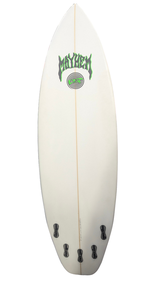Actual Lost Mayhem Rad Ripper underside showing five FCS II fin boxes, background removed
