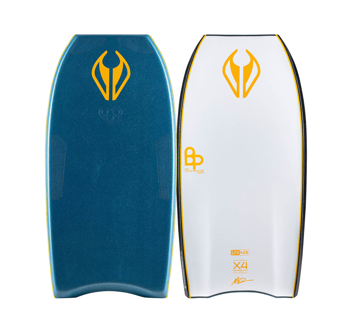 NMD Ben Player Liteflex X4 MiniQuad Bodyboard in Deep Sea Green/White, deck and underside views