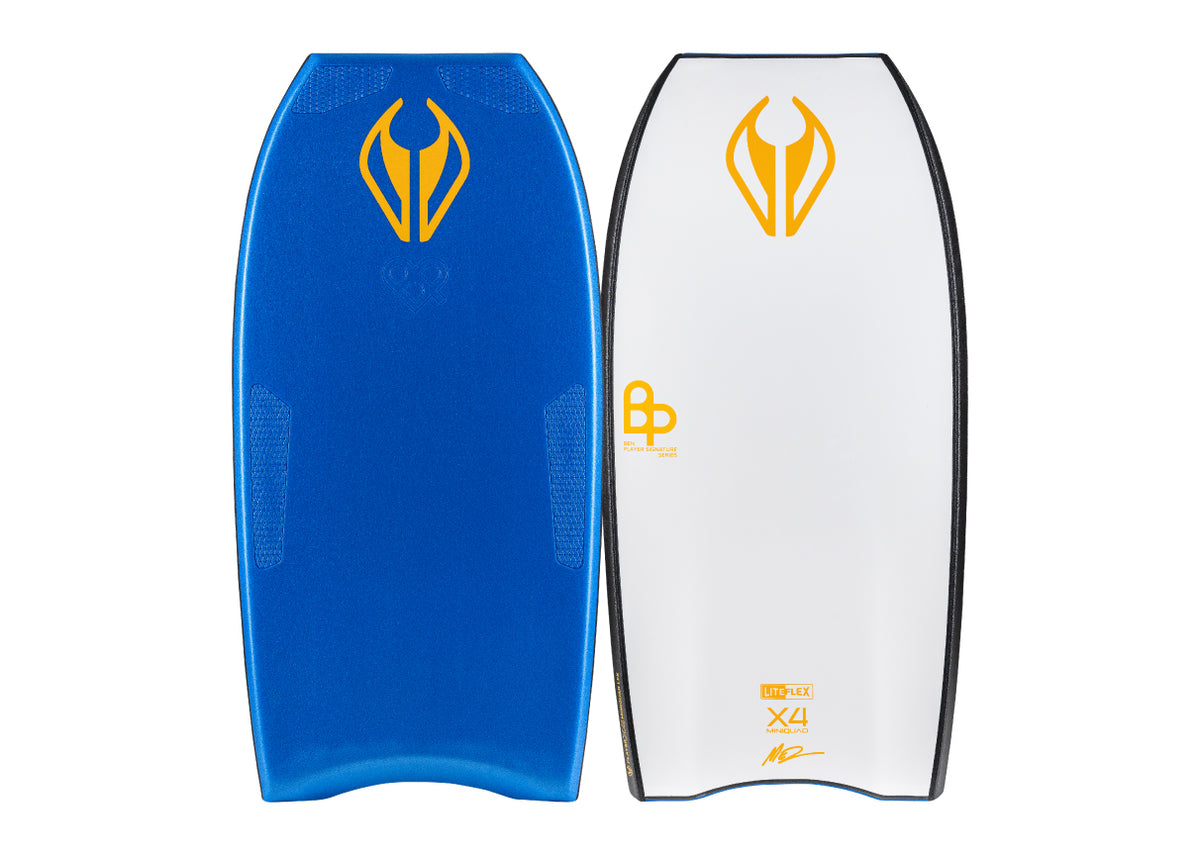 NMD Ben Player Liteflex X4 MiniQuad Bodyboard in Royal Blue/White, deck and underside views