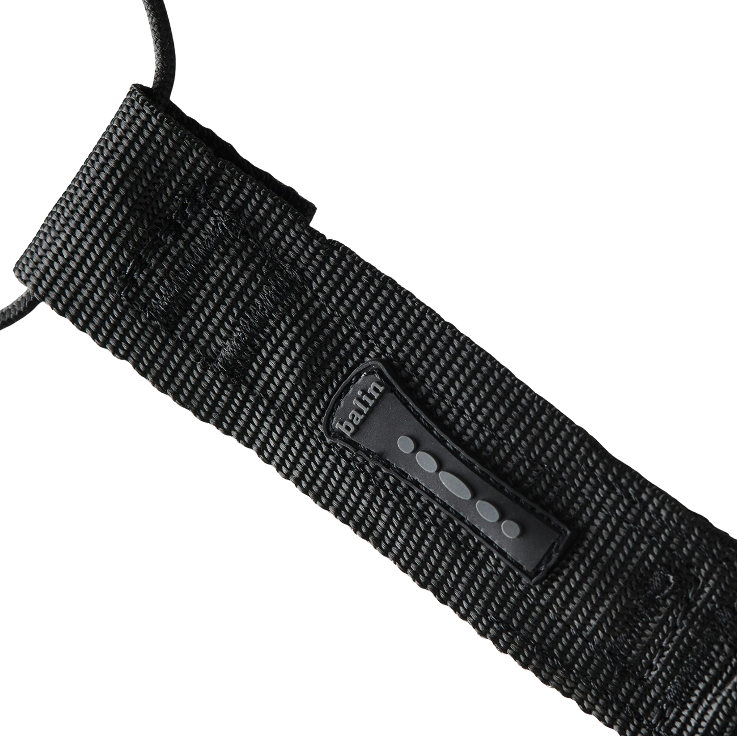 Black woven belt with a visible brand label on a white background