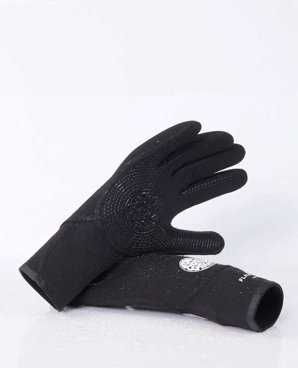 Rip Curl Flashbomb black five-finger gloves showing Palmgrip palm and cuff branding